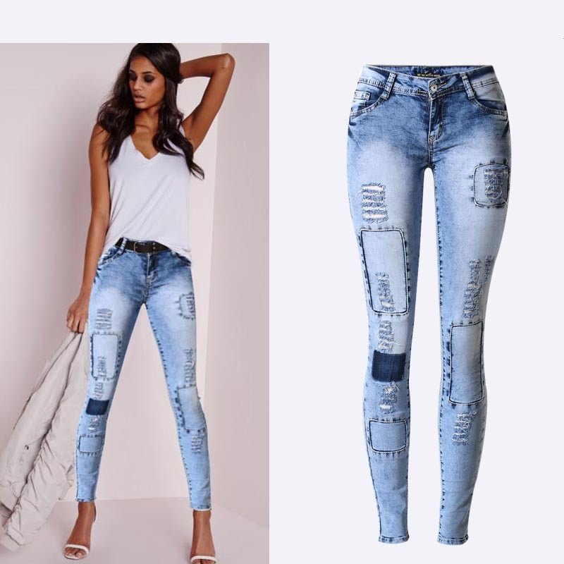 Summer Style Low Waist Sky Blue Patchwork Skinny Tights Women Pencil Jeans High Stretch Sexy Push Up Denim Women Fashion Jeans | 0 | TageUnlimited