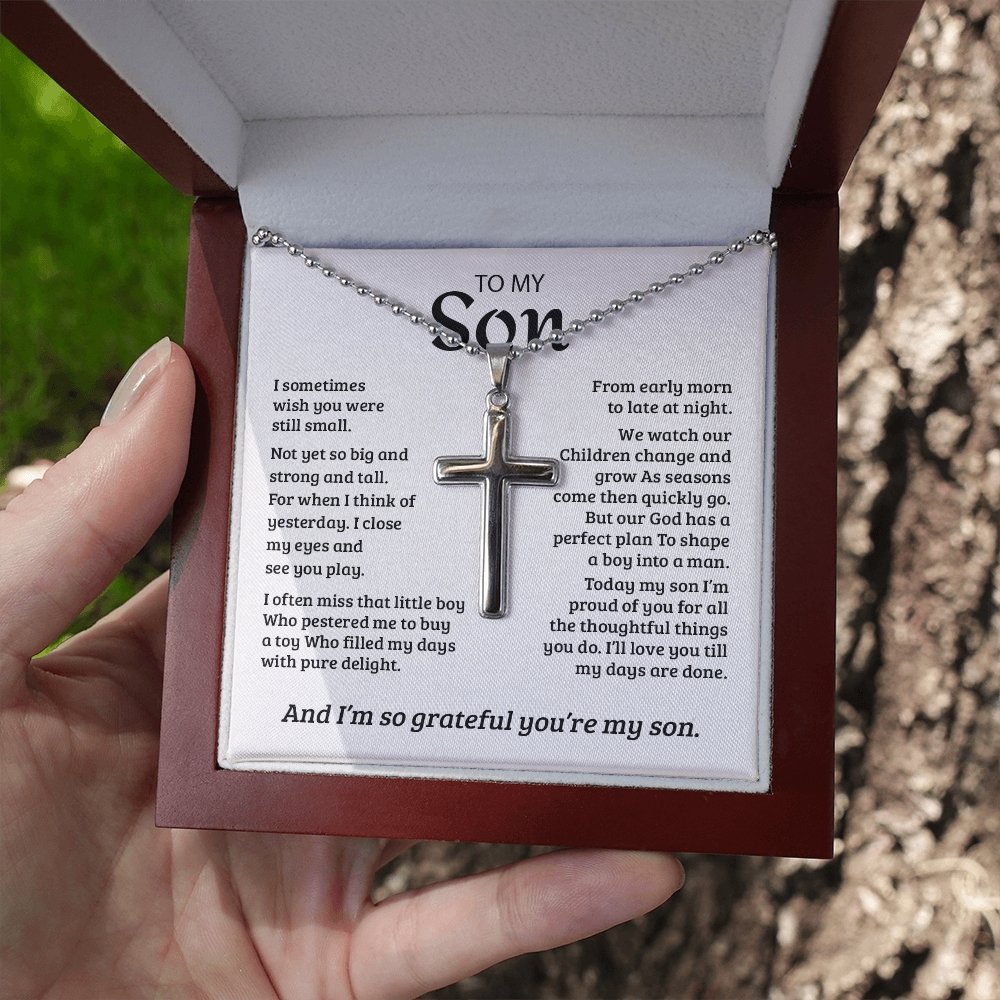 To My Son | Grateful Mom Cross Necklace ✝💓 | Jewelry | A1014T, E070T, lx-E070, PB23-WOOD, PROD-1582978, PT-1512, TNM-1, USER-43062, WARRANTY-UPSELL | TageUnlimited