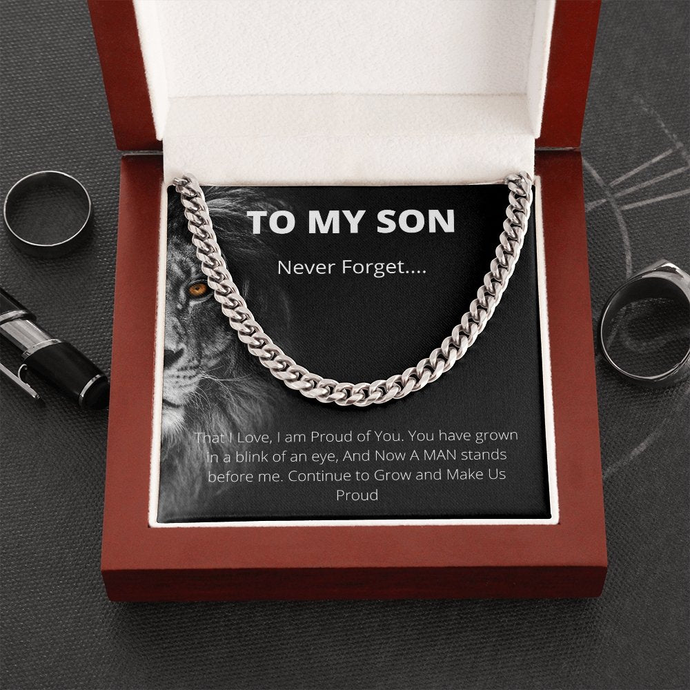 To My Son | Never Forget Lion Cuban Link Chain | Jewelry | C30184T, C30184TG, lx-C30184, PB23-WOOD, PROD-1998901, PT-1772, USER-43062 | TageUnlimited