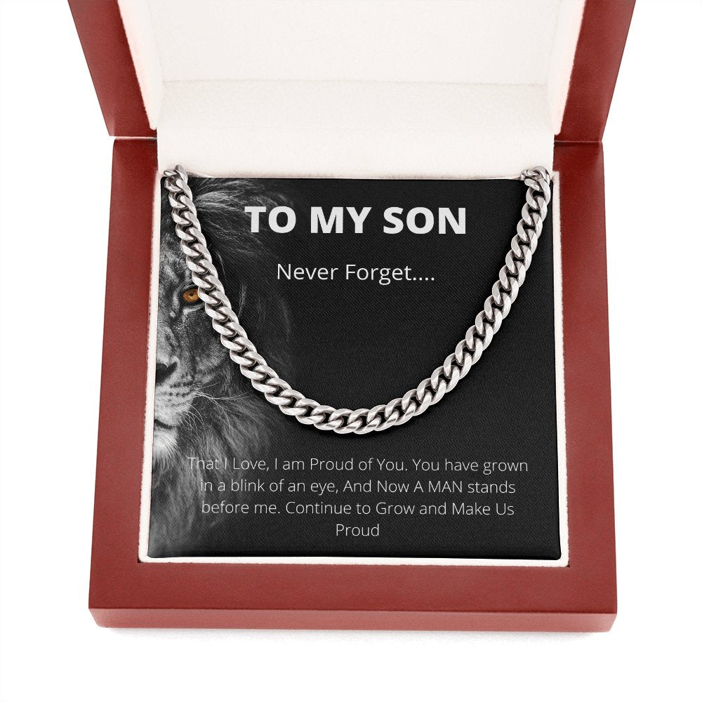 To My Son | Never Forget Lion Cuban Link Chain | Jewelry | C30184T, C30184TG, lx-C30184, PB23-WOOD, PROD-1998901, PT-1772, USER-43062 | TageUnlimited