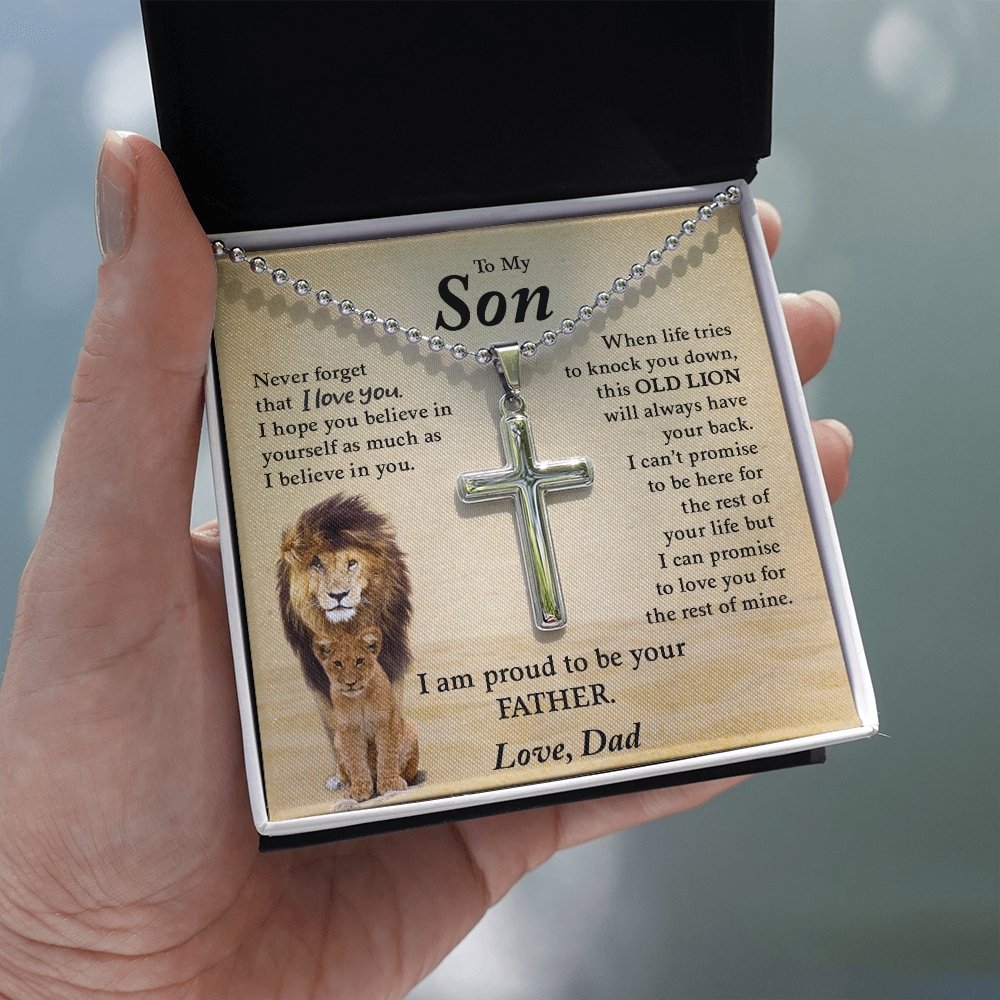 To My Son | Proud To Be Your Father (Cross Necklace with Ball Chain) | Jewelry | A1014T, E070T, lx-E070, PB23-WOOD, PROD-1967174, PT-1512, TNM-1, USER-43062 | TageUnlimited