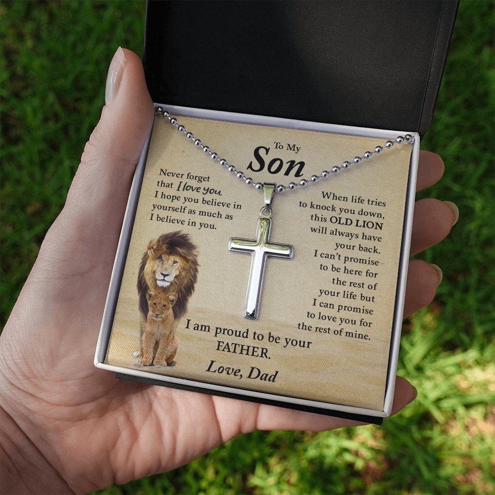 To My Son | Proud To Be Your Father (Cross Necklace with Ball Chain) | Jewelry | A1014T, E070T, lx-E070, PB23-WOOD, PROD-1967174, PT-1512, TNM-1, USER-43062 | TageUnlimited