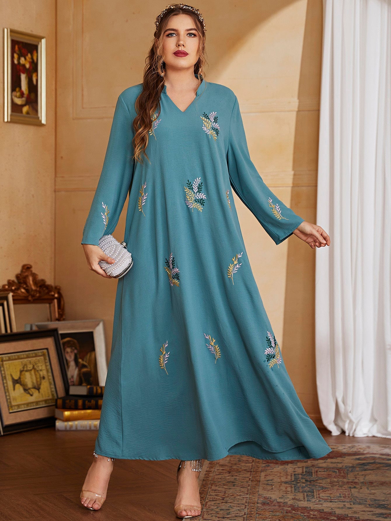 Women Elegant Maxi Dresses  Spring Blue Long Sleeve Party Evening Muslim Abaya Festival Clothing | TageUnlimited