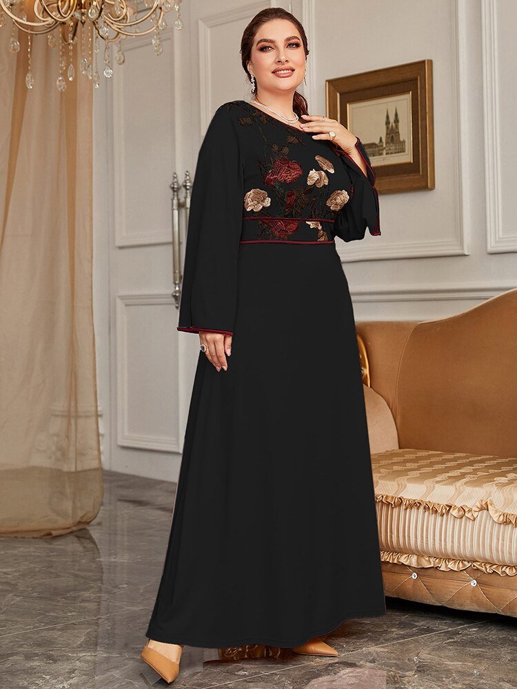 Women Plus Size Maxi Dresses Luxury Chic Elegant Long Sleeve Embroidery Muslim Turkey Party Evening Wedding Clothing | TageUnlimited