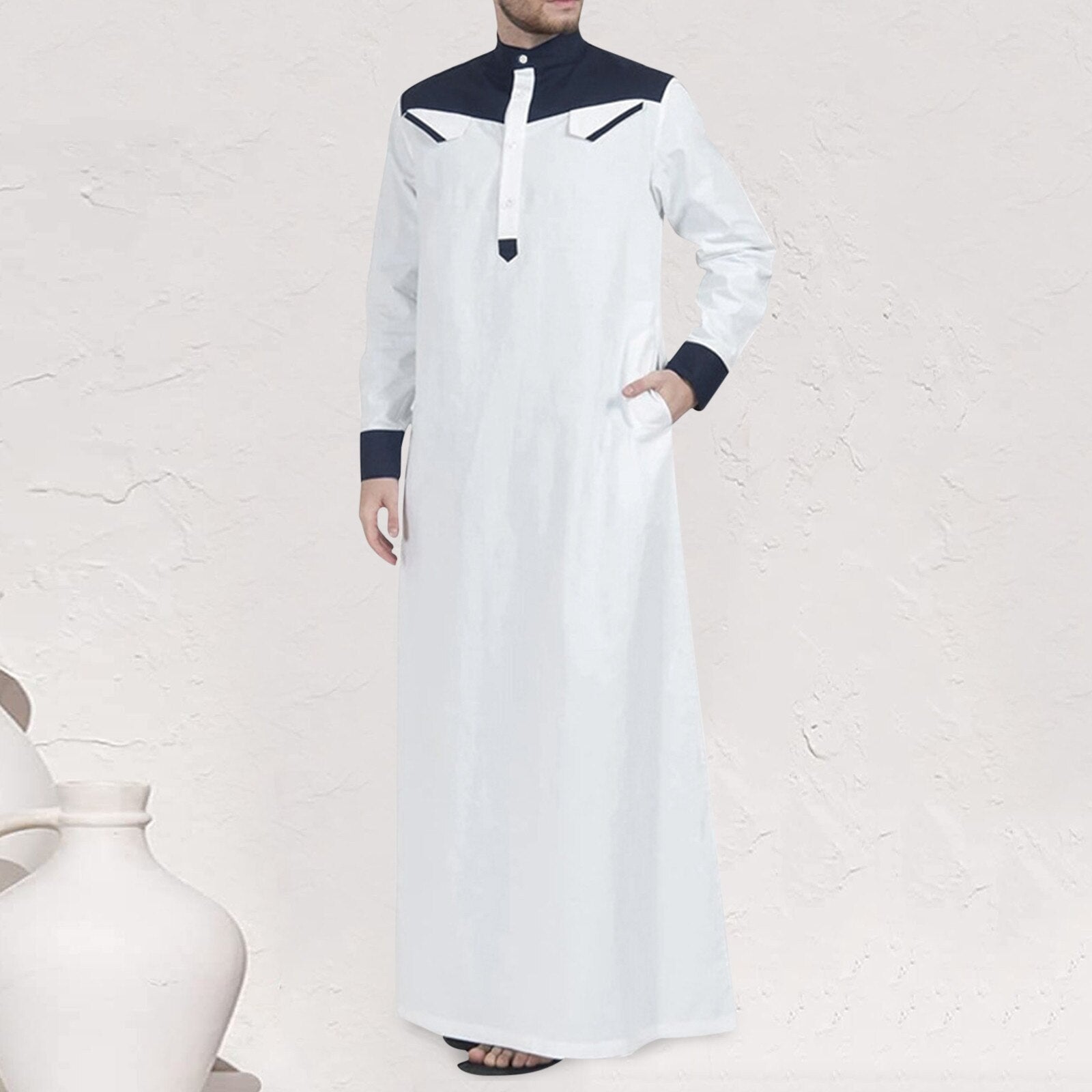 Traditional Muslim Clothing Contrast Color Muslim Dress Middle East Jubba Thobe Men Robe w/ Long Sleeves Mandarin Neck | TageUnlimited