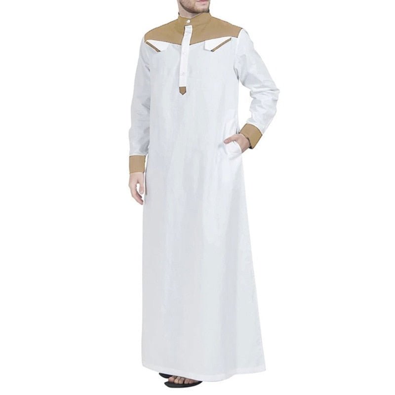 Traditional Muslim Clothing Contrast Color Muslim Dress Middle East Jubba Thobe Men Robe w/ Long Sleeves Mandarin Neck | TageUnlimited