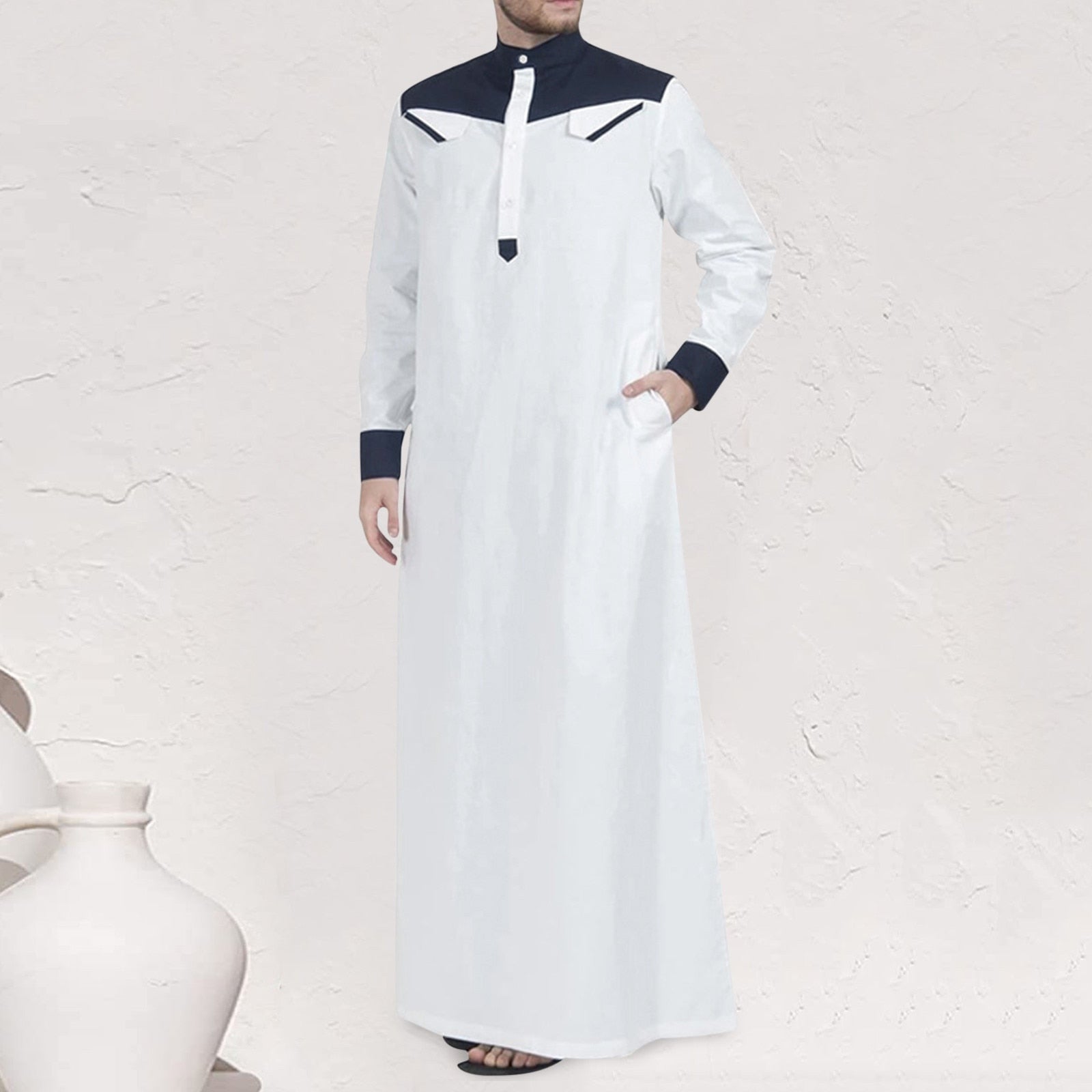 Traditional Muslim Clothing Contrast Color Muslim Dress Middle East Jubba Thobe Men Robe w/ Long Sleeves Mandarin Neck | TageUnlimited