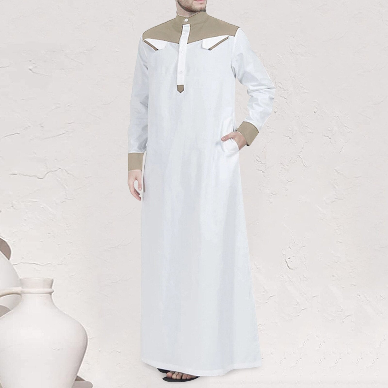 Traditional Muslim Clothing Contrast Color Muslim Dress Middle East Jubba Thobe Men Robe w/ Long Sleeves Mandarin Neck | TageUnlimited