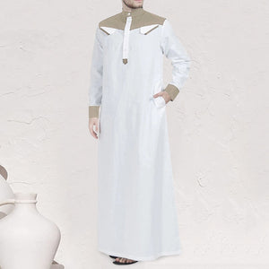 Traditional Muslim Clothing Contrast Color Muslim Dress Middle East Jubba Thobe Men Robe w/ Long Sleeves Mandarin Neck | TageUnlimited
