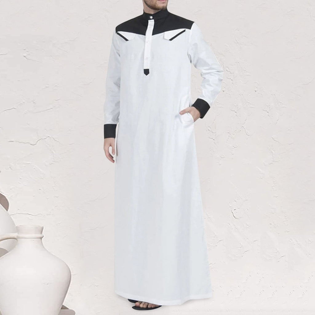 Traditional Muslim Clothing Contrast Color Muslim Dress Middle East Jubba Thobe Men Robe w/ Long Sleeves Mandarin Neck | TageUnlimited