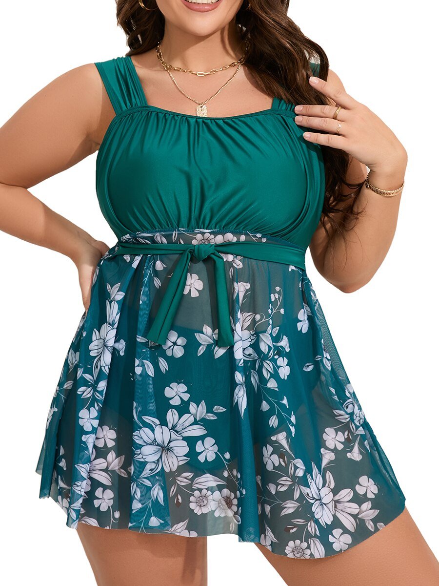Two Piece Swimsuit Dress Women Tankini  Plus Size Floral Swimwear Female Printed Bathing Suit Mayo Beach Wear Swimming 4XL | TageUnlimited