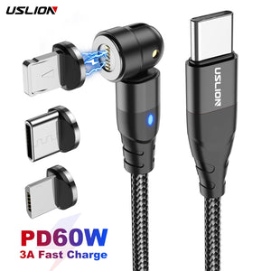 USLION PD60W 3 in 1 USB C To Type C 540 Magnetic Cable Charger Charging Cable Magnet Data Cables For iPhone 14 For Macbook | Tage-Active