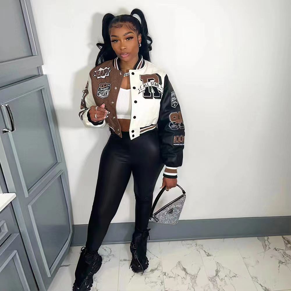 Varsity Jacket For Women  Fall Winter Print Patchwork Long Sleeve Buttons Streetwear Racing Bomber Jackets Top Y2k | 0 | TageUnlimited