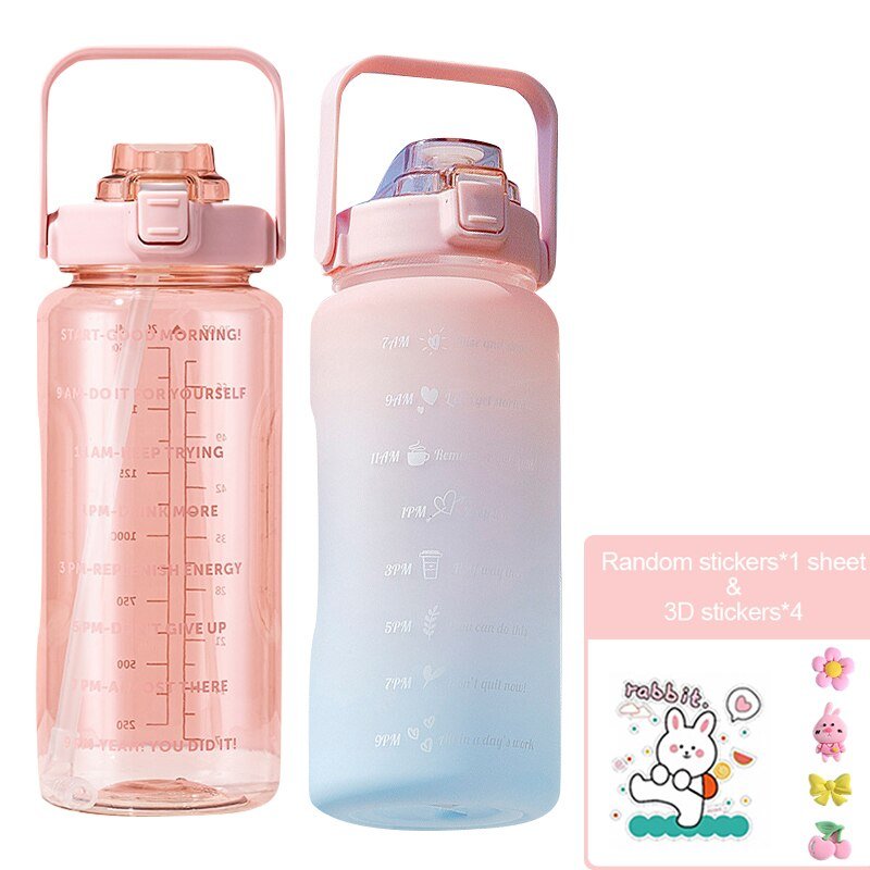 Water Bottle Two Liters Fashion Sports Bottle With Time Marker Straw Cup Portable Cold Water Bottles Outdoor Travel Bottles | TageUnlimited