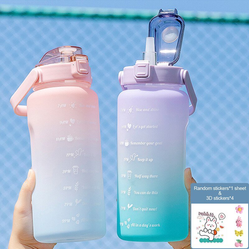 Water Bottle Two Liters Fashion Sports Bottle With Time Marker Straw Cup Portable Cold Water Bottles Outdoor Travel Bottles | TageUnlimited