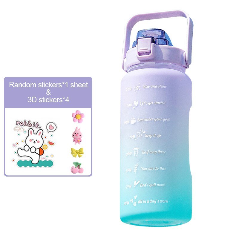 Water Bottle Two Liters Fashion Sports Bottle With Time Marker Straw Cup Portable Cold Water Bottles Outdoor Travel Bottles | TageUnlimited