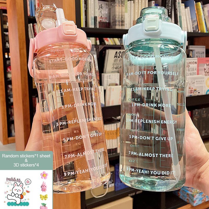 Water Bottle Two Liters Fashion Sports Bottle With Time Marker Straw Cup Portable Cold Water Bottles Outdoor Travel Bottles | TageUnlimited