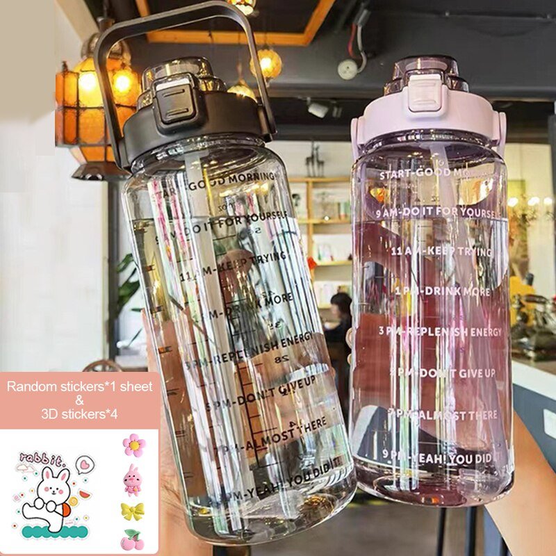 Water Bottle Two Liters Fashion Sports Bottle With Time Marker Straw Cup Portable Cold Water Bottles Outdoor Travel Bottles | TageUnlimited