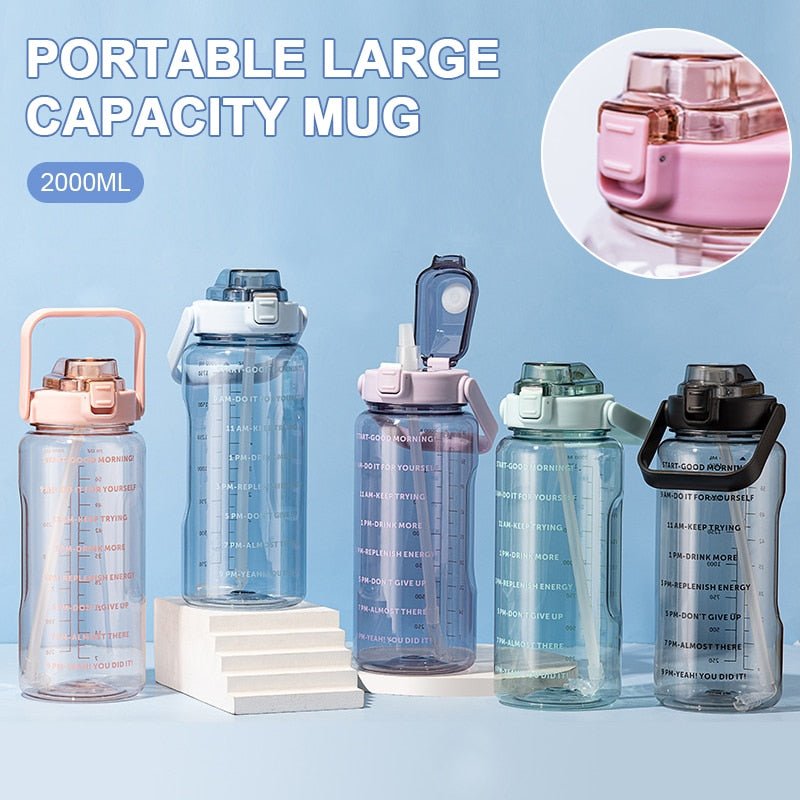 Water Bottle Two Liters Fashion Sports Bottle With Time Marker Straw Cup Portable Cold Water Bottles Outdoor Travel Bottles | TageUnlimited