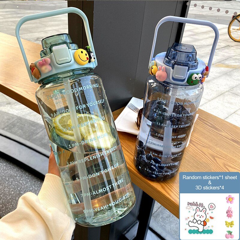 Water Bottle Two Liters Fashion Sports Bottle With Time Marker Straw Cup Portable Cold Water Bottles Outdoor Travel Bottles | TageUnlimited