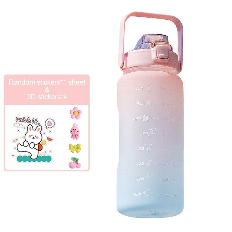 Water Bottle Two Liters Fashion Sports Bottle With Time Marker Straw Cup Portable Cold Water Bottles Outdoor Travel Bottles | TageUnlimited