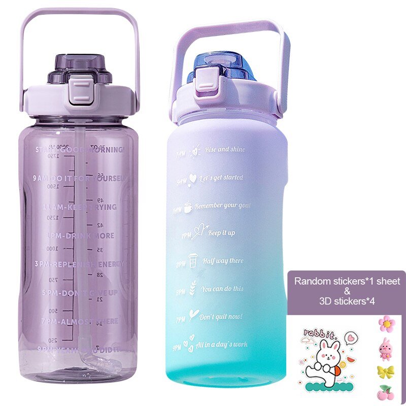 Water Bottle Two Liters Fashion Sports Bottle With Time Marker Straw Cup Portable Cold Water Bottles Outdoor Travel Bottles | TageUnlimited