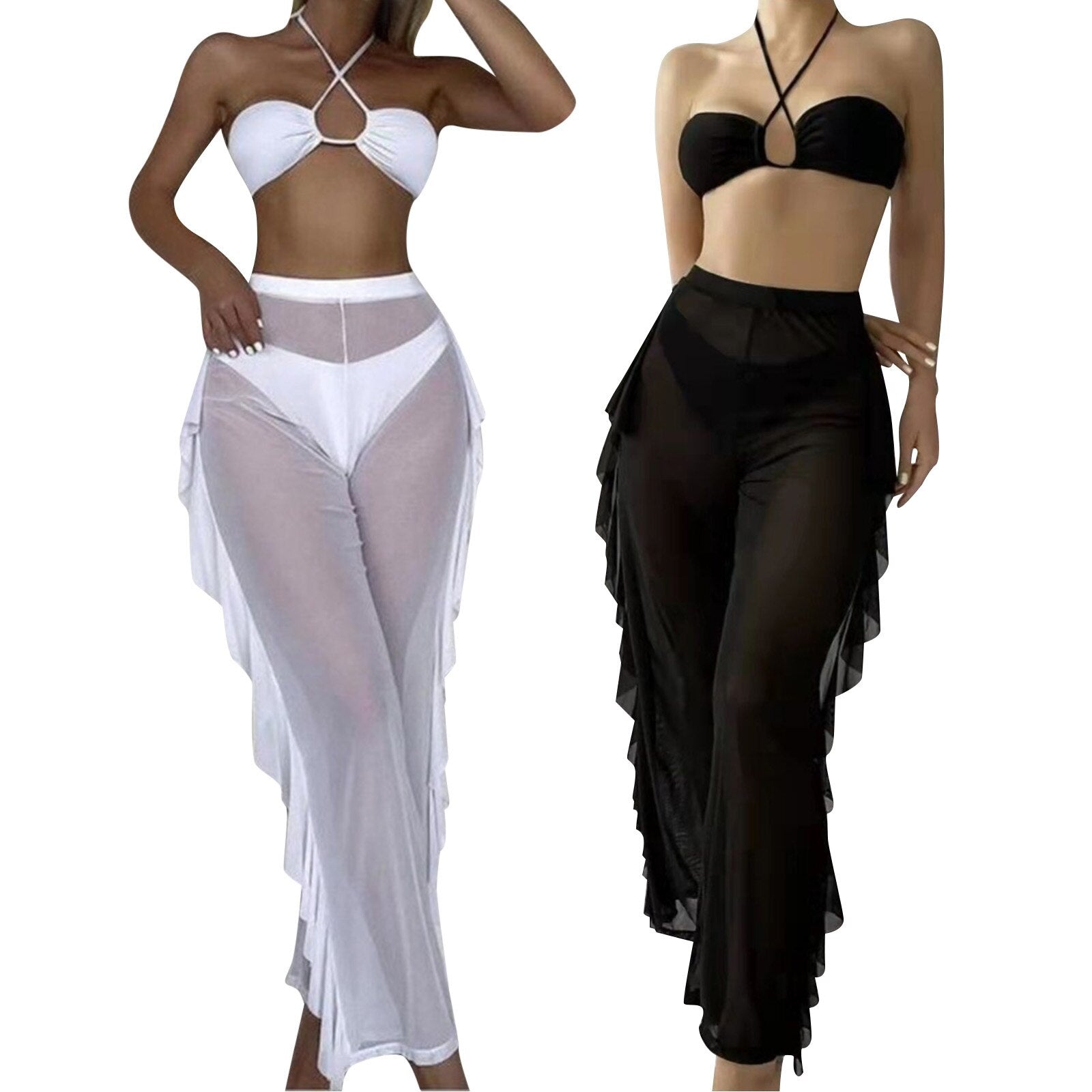 White 3 pieces set High Waist swimwear female swimsuit cover-ups for women Skirts bikini Halter triangle bathing suit  Bathi | TageUnlimited