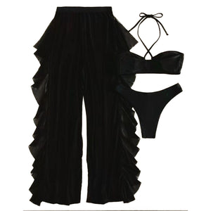White 3 pieces set High Waist swimwear female swimsuit cover-ups for women Skirts bikini Halter triangle bathing suit  Bathi | TageUnlimited