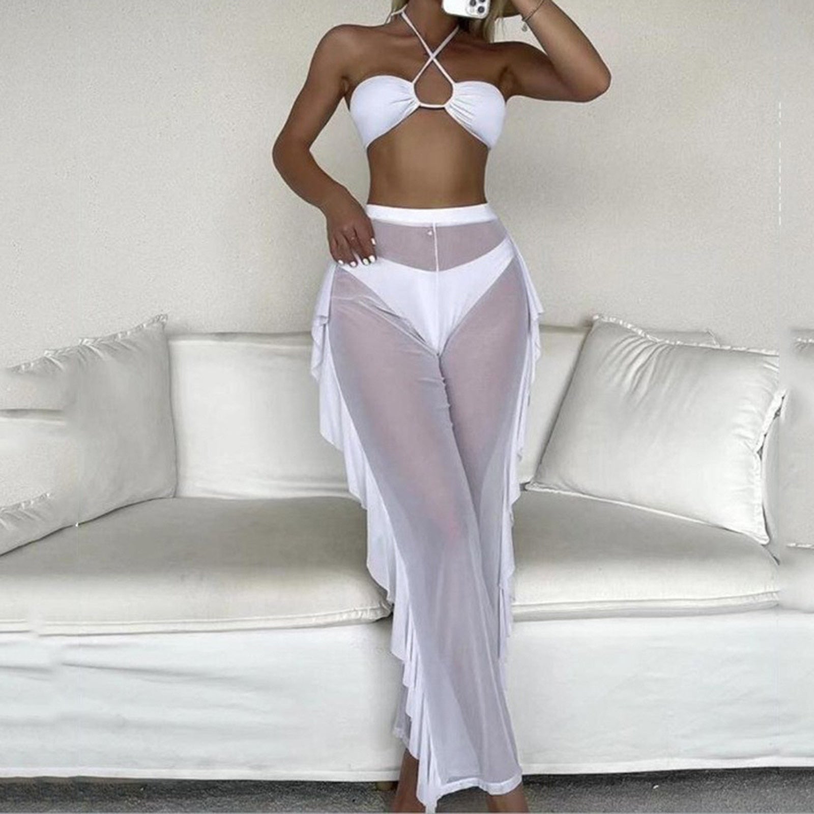 White 3 pieces set High Waist swimwear female swimsuit cover-ups for women Skirts bikini Halter triangle bathing suit  Bathi | TageUnlimited