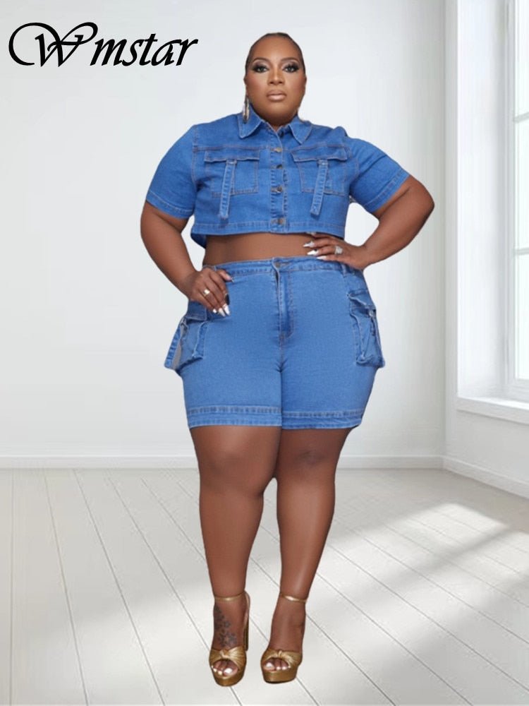Wmstar Plus Size Denim Two Piece Set Women Shorts Sets Pockets Top and Pants Fashion New In Fashion Matching Dropshipping | 0 | TageUnlimited