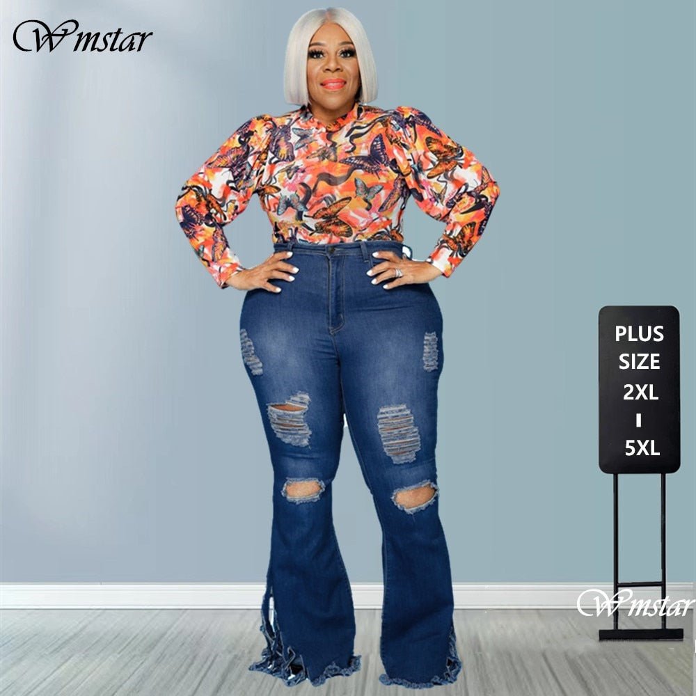 Wmstar Plus Size Jeans Women Bodycon Stretch Solid Pockets High Waist Fashion Denim Flared Pants Wholesale Dropshipping | 0 | TageUnlimited