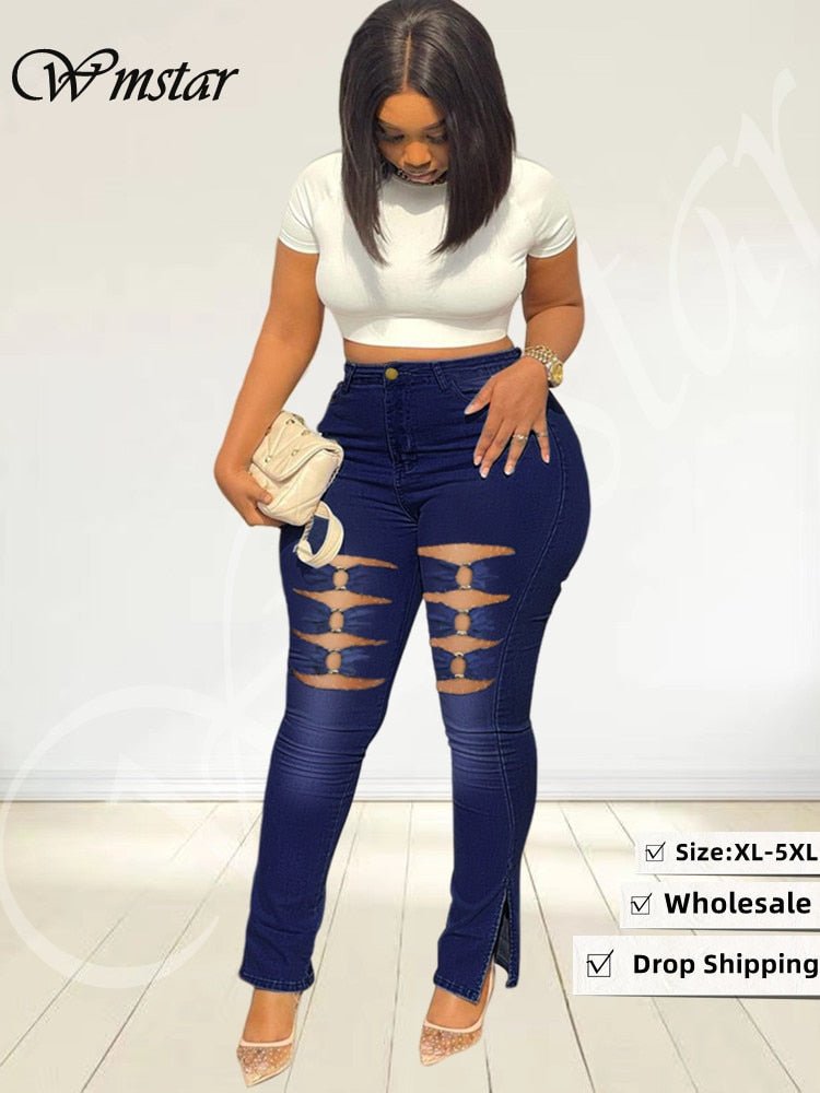 Wmstar Plus Size Super Stretch Jeans Women High Waist Denim Pencil Pants Fashion Ripped Bottoms Leggings Wholesale Dropshipping | 0 | TageUnlimited