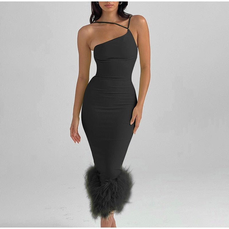 Woman Sexy One Shoulder Down Bottom Dress Fashion Halter Sleeveless Bodycon Robe  Autumn Fenale Elegant Slim Dresses | 0 | TageUnlimited