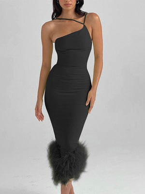 Woman Sexy One Shoulder Down Bottom Dress Fashion Halter Sleeveless Bodycon Robe  Autumn Fenale Elegant Slim Dresses | 0 | TageUnlimited