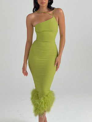 Woman Sexy One Shoulder Down Bottom Dress Fashion Halter Sleeveless Bodycon Robe  Autumn Fenale Elegant Slim Dresses | 0 | TageUnlimited