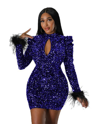 Women Backless Bodycon Green Sequined Sexy Dresses Lady Tassels Long Sleeve Mini Dress  Hollow Out Fashion One-piece Dress | 0 | TageUnlimited
