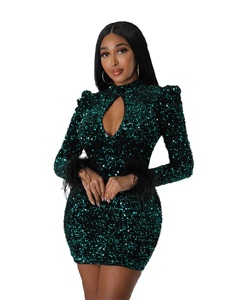 Women Backless Bodycon Green Sequined Sexy Dresses Lady Tassels Long Sleeve Mini Dress  Hollow Out Fashion One-piece Dress | 0 | TageUnlimited