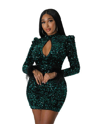 Women Backless Bodycon Green Sequined Sexy Dresses Lady Tassels Long Sleeve Mini Dress  Hollow Out Fashion One-piece Dress | 0 | TageUnlimited