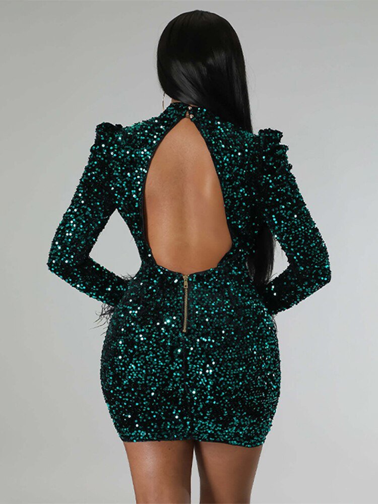 Women Backless Bodycon Green Sequined Sexy Dresses Lady Tassels Long Sleeve Mini Dress  Hollow Out Fashion One-piece Dress | 0 | TageUnlimited