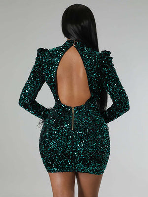 Women Backless Bodycon Green Sequined Sexy Dresses Lady Tassels Long Sleeve Mini Dress  Hollow Out Fashion One-piece Dress | 0 | TageUnlimited