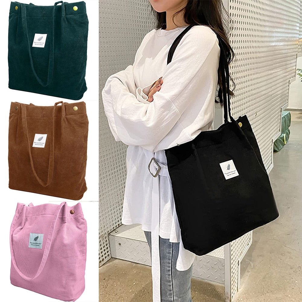 Women Corduroy Shoulder Shopping Bags Reusable Casual Outdoor Party Tote New Female Bag Handbags with Button Eco Organizer | 0 | Tage-Active