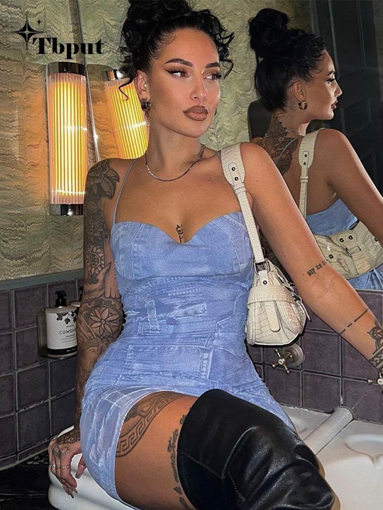 Women Denim Print Mini Dress Sexy Spaghetti Strap Sleeveless Short Female Dresses  Elegant Party Evening Bodycon Vestidos | 0 | TageUnlimited