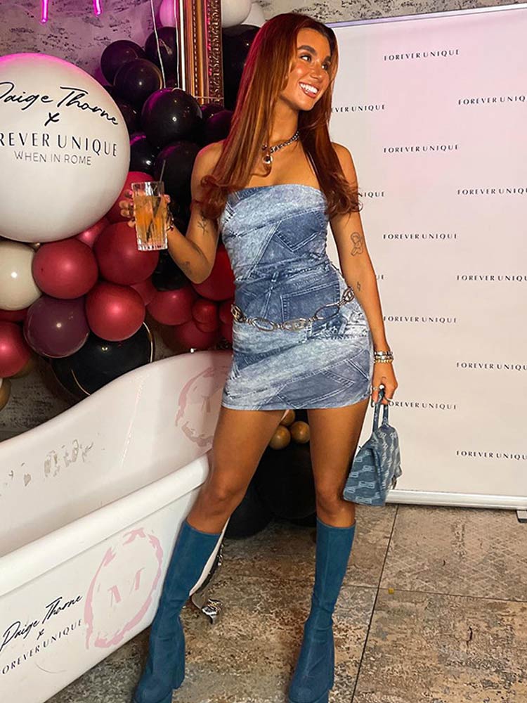 Women Denim Print Stitching Dress Sexy Strapless Sleeveless Short Female Dresses  Elegant Party Evening Bodycon Vestidos | 0 | TageUnlimited