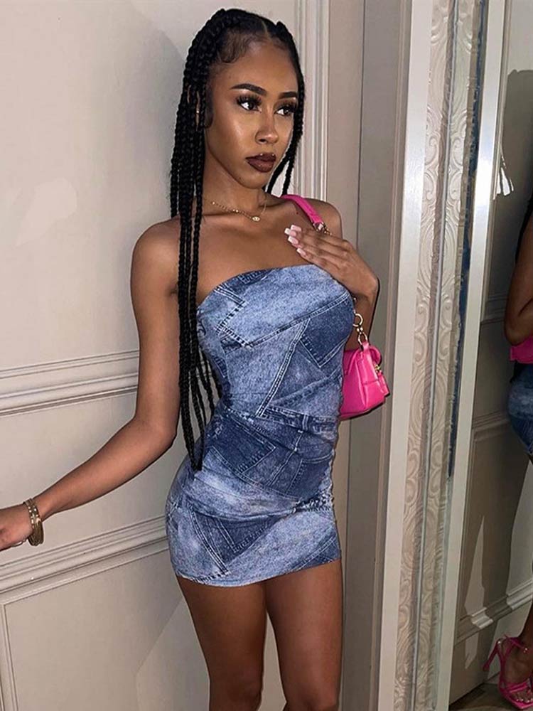 Women Denim Print Stitching Dress Sexy Strapless Sleeveless Short Female Dresses  Elegant Party Evening Bodycon Vestidos | 0 | TageUnlimited