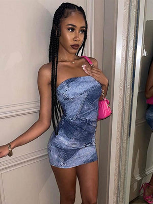 Women Denim Print Stitching Dress Sexy Strapless Sleeveless Short Female Dresses  Elegant Party Evening Bodycon Vestidos | 0 | TageUnlimited