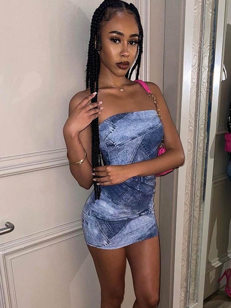 Women Denim Print Stitching Dress Sexy Strapless Sleeveless Short Female Dresses  Elegant Party Evening Bodycon Vestidos | 0 | TageUnlimited