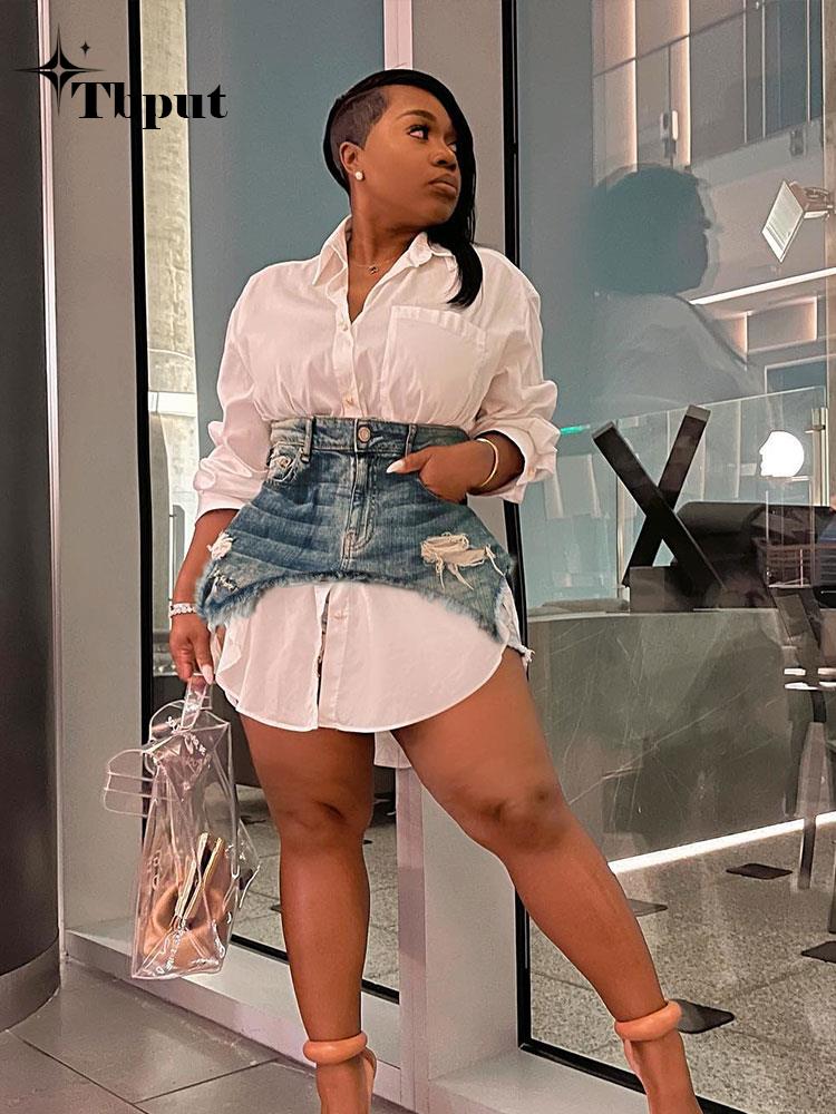 Women Denim Shirt Blouse Single Breasted Mini Dress Suit Long Sleeve Turn-down Collar Dress Fashion Irregular Two 2 Piece Set | 0 | TageUnlimited