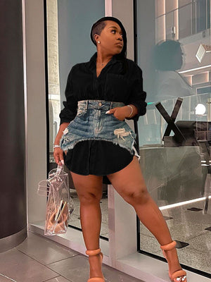 Women Denim Shirt Blouse Single Breasted Mini Dress Suit Long Sleeve Turn-down Collar Dress Fashion Irregular Two 2 Piece Set | 0 | TageUnlimited