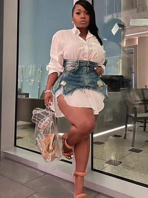 Women Denim Shirt Blouse Single Breasted Mini Dress Suit Long Sleeve Turn-down Collar Dress Fashion Irregular Two 2 Piece Set | 0 | TageUnlimited