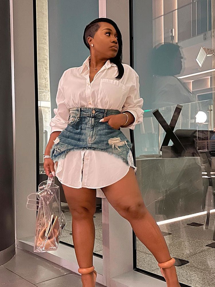 Women Denim Shirt Blouse Single Breasted Mini Dress Suit Long Sleeve Turn-down Collar Dress Fashion Irregular Two 2 Piece Set | 0 | TageUnlimited